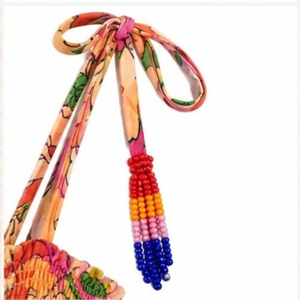 Fate Floral Midi Resort Dress Small Tie Shoulder 100% Cotton Beaded Tassel Boho - Picture 5 of 8